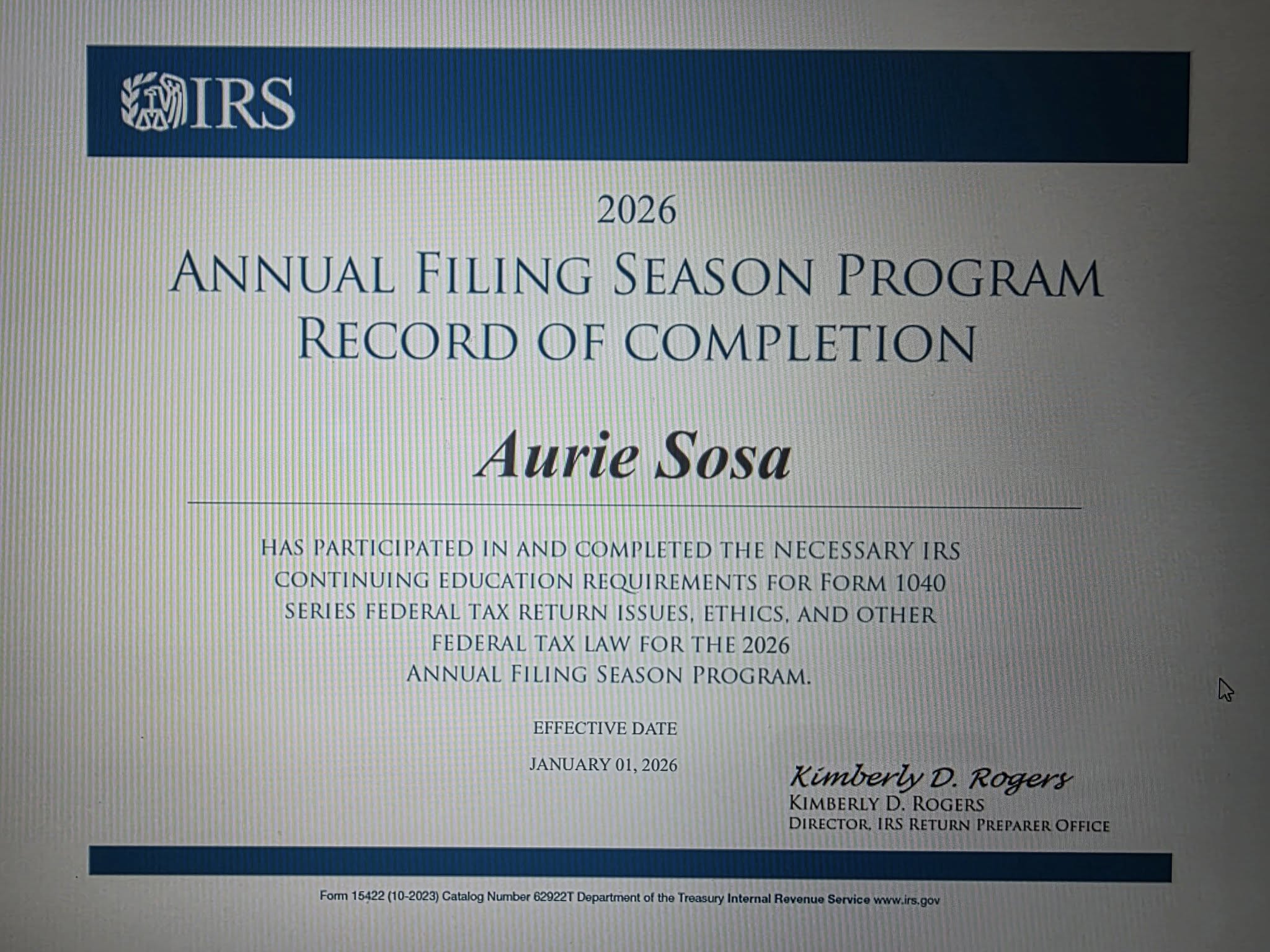 IRS Annual Filing Season Program Record of Completion — 2026